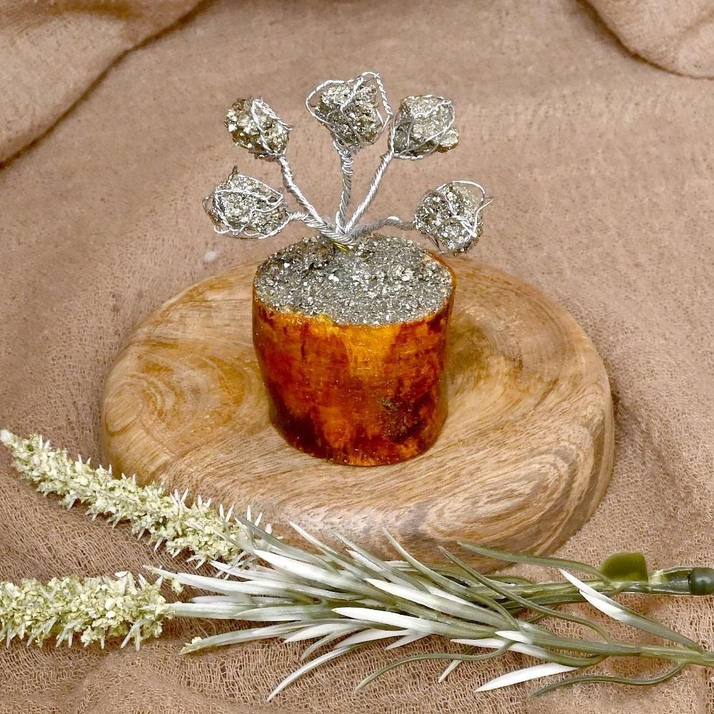 Natural pyrite money tree with golden metallic stones