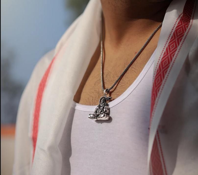 detailed Hanuman engraving on silver locket for men