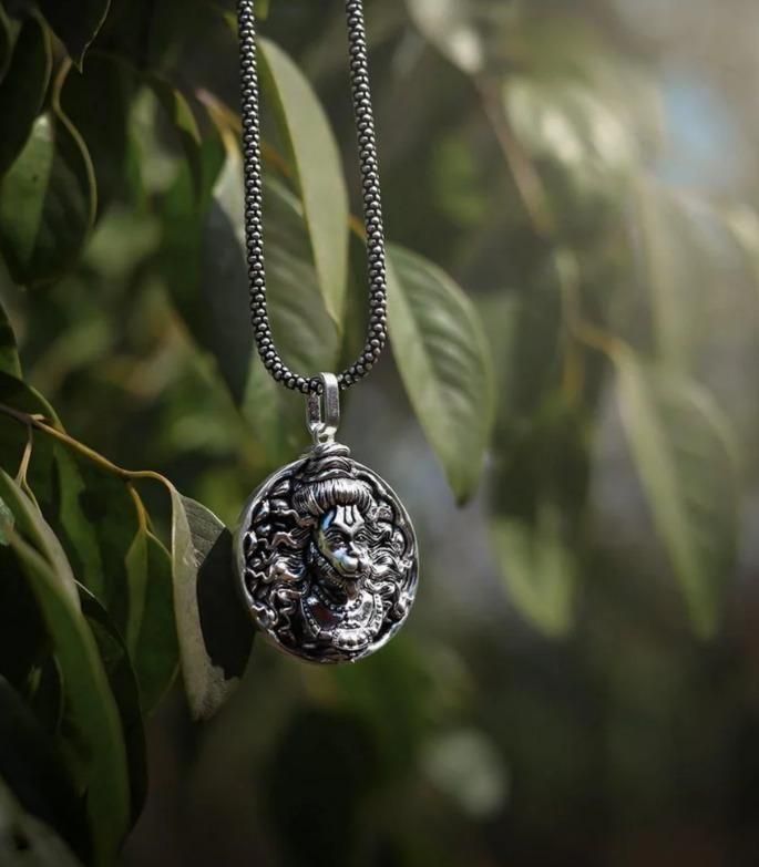 hanuman ji pendant oxidised silver chain free size close-up view