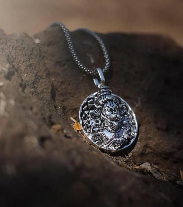 lord hanuman oxidised silver pendant on free-size chain