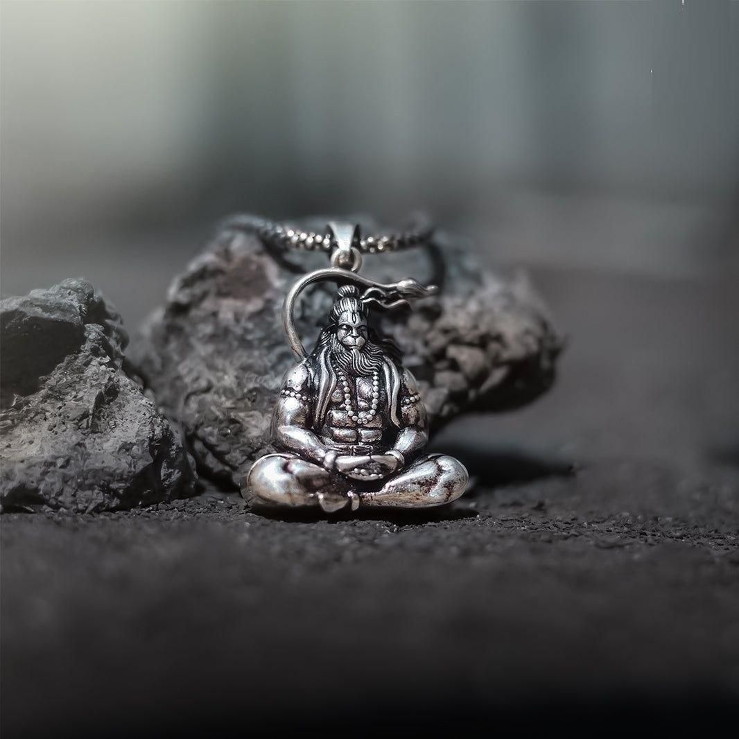 men's hanuman silver locket with chain close-up view