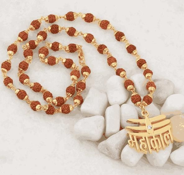 premium rudraksha mala with shiv locket in gold spiritual jewellery