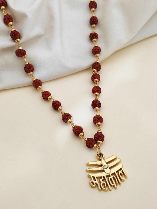 rudraksha mala with shiv locket in gold close-up view